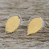 Gold plated natural leaf button earrings,