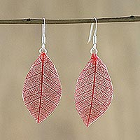 Natural leaf dangle earrings, 'Stunning Nature in Crimson' - Natural Leaf Dangle Earrings in Crimson from Thailand