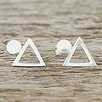 Sterling silver button earrings, 'Geometric Simplicity' - Handcrafted Sterling Silver Geometric Button Earrings