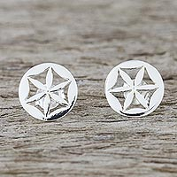 Sterling silver stud earrings, 'Flower Circles' - Handcrafted 925 Sterling Silver Floral Stud Earrings
