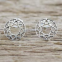 Sterling silver stud earrings, 'Attractive Circles' - Handcrafted 925 Sterling Silver Stud Earrings from Thailand