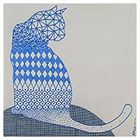 'Turn Around' - Signed Op Art Painting of a Cat in Blue from Thailand