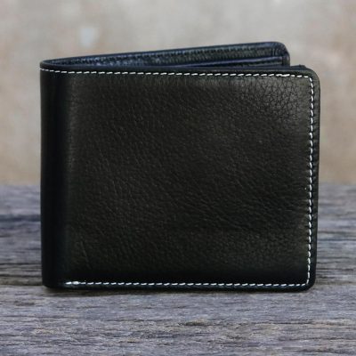 Men's leather wallet, 'Forever in Black' - Thai Fair Trade Genuine Leather Wallet for Men in Black