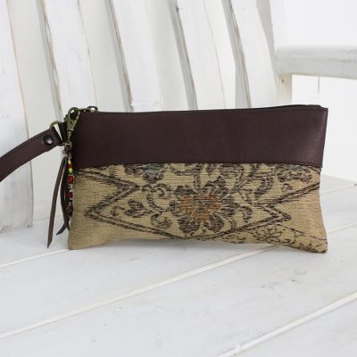 Leather accent silk wristlet, Flower of Chiang Mai