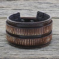 Men's leather wristband bracelet, 'Genuine Charm in Dark Brown' - Men's Leather Wristband Bracelet in Dark Brown from Thailand