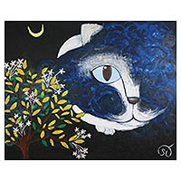 'Night Owl Cat' (2009) - Original Signed Tuxedo Cat Painting from Thailand