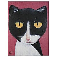 'Bat Man Cat' - Signed Naif Painting of a Cat from Thailand