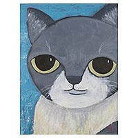 'Grey Cat' - Signed Naif Painting of a Grey and White Cat from Thailand