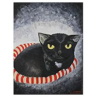 'Smiling Black Cat' - Signed Naif Painting of a Black Cat from Thailand