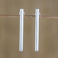 Sterling silver drop earrings, 'Gleaming Pillars' - Sterling Silver Cylindrical Drop Earrings from Thailand