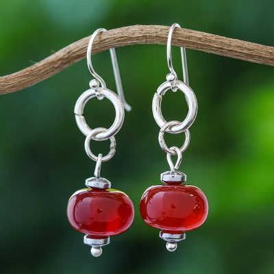 Carnelian dangle earrings, 'Dreamy Night' - Carnelian and Sterling Silver Dangle Earrings form Thailand