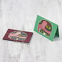 Cotton and paper greeting cards, 'Friendly Elephants' (set of 4) - Four Cotton and Paper Elephant Greeting Cards from Thailand