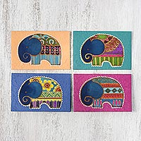 Cotton and paper greeting cards, 'Excited Elephants' (set of 4) - Set of 4 Batik Cotton and Paper Elephant Greeting Cards