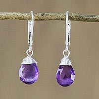 Amethyst dangle earrings, 'Glamorous Woman' - Amethyst and Silver Teardrop Dangle Earrings from Thailand