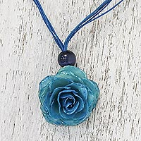 Natural rose pendant necklace, 'Rosy Chic in Teal' - Natural Rose Pendant Necklace in Teal from Thailand