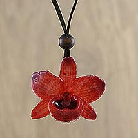 Natural orchid pendant necklace, 'Natural Feeling in Ruby' - Adjustable Natural Orchid Necklace in Ruby from Thailand