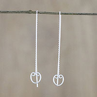 Sterling silver threader earrings, 'Falling Hearts' - Sterling Silver Hearts Long Threader Earrings from Thailand