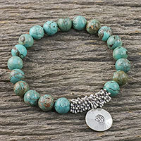 Silver charm bracelet, 'Mossy Charm' - Karen Silver Beaded Om Bracelet from Thailand