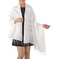 Silk shawl, 'Light Breeze' - Artisan Handwoven Warm White Silk Shawl from Thailand
