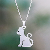 Sterling silver pendant necklace, 'Waiting for Love' - Brushed Sterling Silver Cat Pendant Necklace
