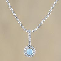 Larimar pendant necklace, 'Gorgeous Blue' - Circular Larimar and CZ Pendant Necklace from Thailand