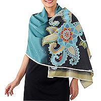 Batik cotton shawl, 'Sunset Garden' - 100% Batik Cotton Shawl with Flower and Hand Stitched Edge