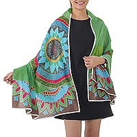 Cotton batik shawl, 'Splendid Forest' - Batik Cotton Shawl in Lime Green from Thailand