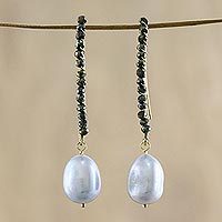 Gold plated cultured pearl and hematite dangle earrings,