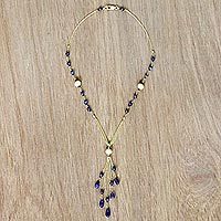 Gold plated tanzanite and onyx lariat necklace,