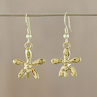 Gold plated orchid dangle earrings, 'Starry Orchids' - Gold Plated Orchid Flower Dangle Earrings from Thailand