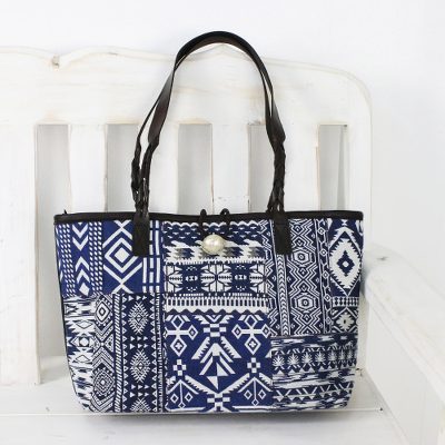 Leather accent cotton blend shoulder bag, 'Sapphire Geometry' - Sapphire Patchwork Cotton Blend Shoulder Bag from Thailand