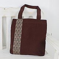 Cotton tote bag, 'Chiang Mai Blossom' - Tote Bag in Brown Cotton with Cream Embroidery