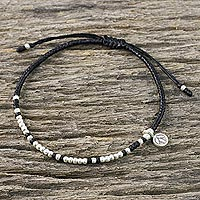 Silver beaded cord charm bracelet, 'Bohemian Life in Black' - Bohemian Black Cord and 950 Silver Beaded Bracelet