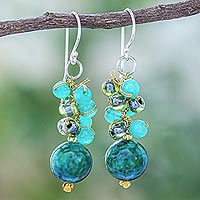 Serpentine and Quartz Dangle Earrings from Thailand,'Fun Circles in Teal'