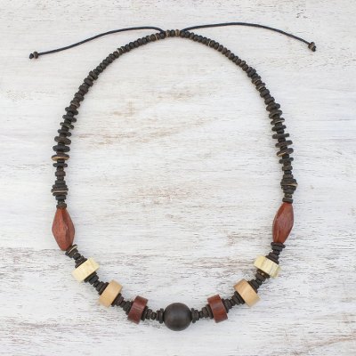 Wood and coconut shell beaded necklace, Adventurous Traveler