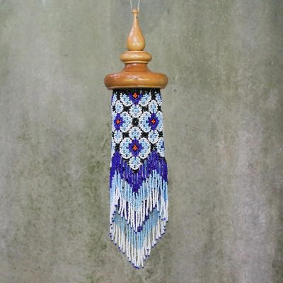 Glass beaded decorative accent, 'Menora Breeze in Blue' - Floral Glass Beaded Mobile in Blue from Thailand