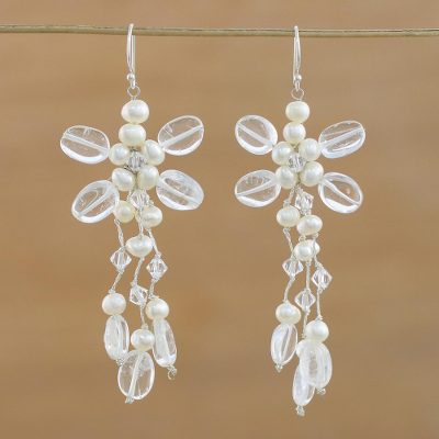 Cultured pearl and quartz chandelier earrings, 'Pretty in Pearl' - Hand Crafted Cultured Pearl and Quartz Chandelier Earrings