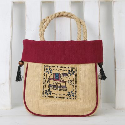 Cotton handle handbag, 'Graceful Elephant in Maroon' - Handmade Cotton Handle Handbag Elephant Magenta Bag Thailand