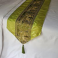 Brocade bed runner, 'Dancing Elephants' - Green and Gold Brocade Bed Runner with Elephants and Tassels