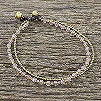 Rose quartz beaded anklet, 'Ringing Beauty' - Rose Quartz and Brass Beaded Anklet from Thailand