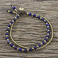 Lapiz lazuli beaded bracelet, 'Valley of Lapis' - Handmade Lapis Lazuli Brass Beaded Bracelet with Loop