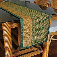 Cotton and silk blend table runner, 'Banana Leaf Elegance' - Handmade 60% Cotton 40% Silk Floral Yok Dok Table Runner