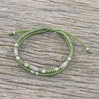 Silver beaded cord bracelet, 'Double Luck in Olive' - Handmade Olive Cord Bracelet with 950 Silver Beads