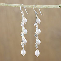Cultured pearl dangle earrings, 'Purity of Life in White' - White Pearl Dangle Earrings from Thailand