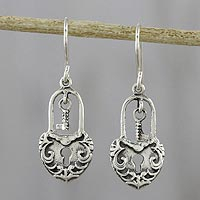 Sterling silver dangle earrings, 'Unlock My Heart' - Thai Sterling Silver Heart Lock and Key Dangle Earrings