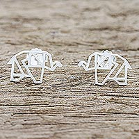Sterling silver button earrings, 'Elephant Origami' - Elephant Button Earrings Hand Crafted in Thailand