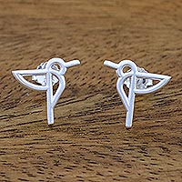 Sterling silver button earrings, 'Hummingbird Aloft' - Hummingbird Sterling Silver Button Earrings