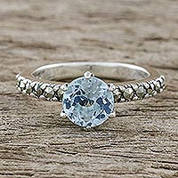 Blue topaz and marcasite solitaire ring, 'Victorian Soliloquy' - Solitaire Ring with Three-Carat Blue Topaz and Marcasite