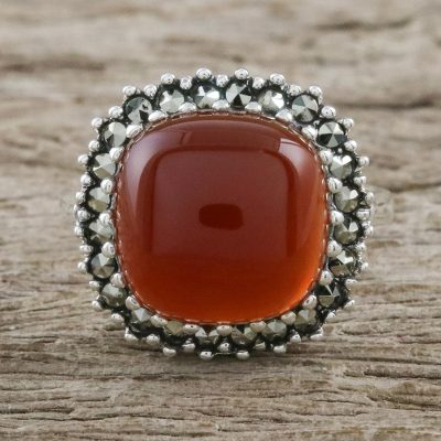 Orange-Red Onyx and Marcasite Cocktail Ring