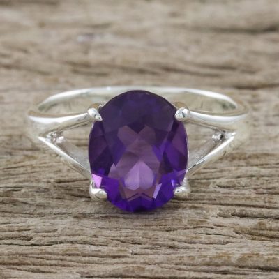 Sterling Silver and Amethyst Modern Single Stone Ring